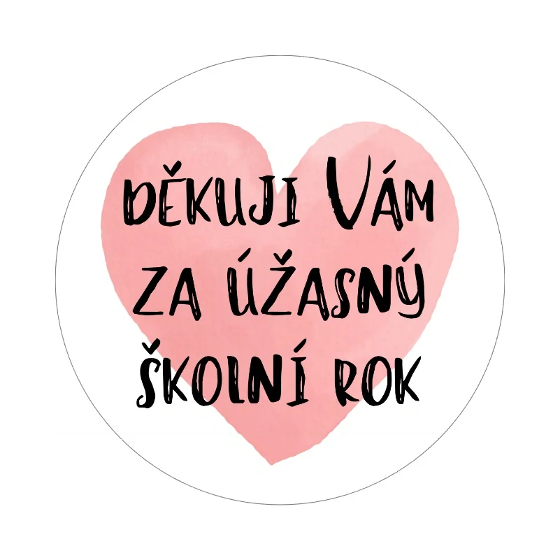 Samolepky "děkuji za školní rok" srdíčko, kruh 4cm (arch 20ks)