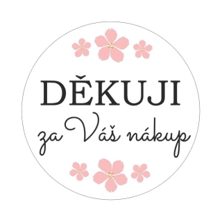 Samolepky "děkuji za Váš nákup" růžové kytičky, kruh 4cm (arch 20ks)