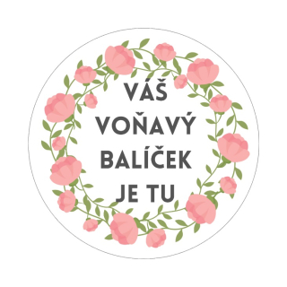 Samolepky "váš voňavý balíček je tu", kruh 4cm (arch 20ks)