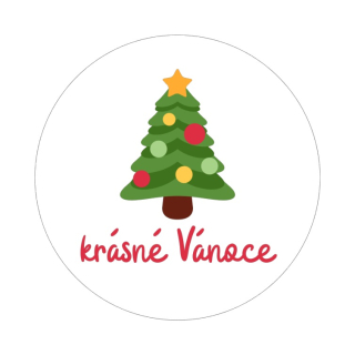Samolepky "krásné Vánoce" stromek, kruh 4cm (arch 20ks)
