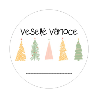 Samolepky "veselé Vánoce" stromky, jmenovka, kruh 4cm (arch 20ks)