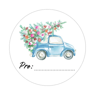 Samolepky "Pro:" vánoční auto, jmenovka, kruh 4cm (arch 20ks)