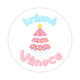 Samolepky "krásné Vánoce" růžový stromek, kruh 4cm (arch 20ks)
