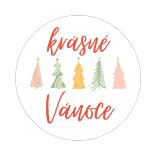 Samolepky "krásné Vánoce" stromky, kruh 4cm (arch 20ks)