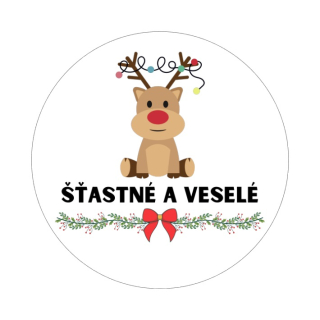 Samolepky "šťastné a veselé" sobík, kruh 4cm (arch 20ks)