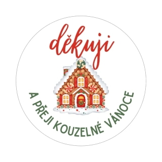 Samolepky Vánoce "děkuji a přeji kouzelné Vánoce" domeček, kruh 4cm (arch 20ks)