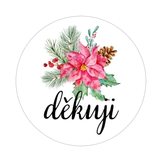 Samolepky Vánoce "děkuji" vánoční hvězda, kruh 4cm (arch 20ks)