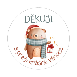 Samolepky Vánoce "děkuji a přeji krásné Vánoce" medvídek, kruh 4cm (arch 20ks)