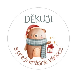 Samolepky Vánoce "děkuji a přeji krásné Vánoce" medvídek, kruh 4cm (arch 20ks)