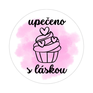 Samolepky "upečeno s láskou" dortík, kruh 4cm (arch 20ks)