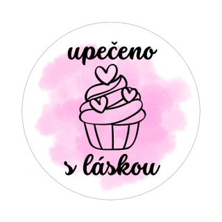 Samolepky "upečeno s láskou" dortík, kruh 4cm (arch 20ks)