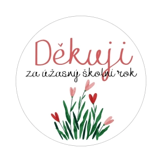 Samolepky "děkuji za školní rok" květinky, kruh 4cm (arch 20ks)