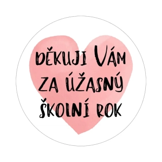 Samolepky "děkuji za školní rok" srdíčko, kruh 4cm (arch 20ks)