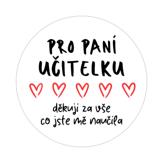 Samolepky - pro paní učitelku "děkuji" srdíčka, kruh 4cm (arch 20ks)