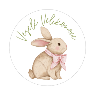 Samolepky - Veselé Velikonoce - zajíček s mašlí, kruh 4cm (arch 20ks)