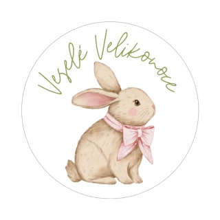 Samolepky - Veselé Velikonoce - zajíček s mašlí, kruh 4cm (arch 20ks)