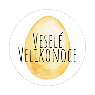 Samolepky - Veselé Velikonoce - vajíčko žluté, kruh 4cm (arch 20ks)