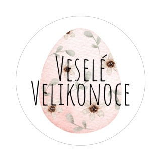 Samolepky - Veselé Velikonoce - vajíčko růžové, kruh 4cm (arch 20ks)