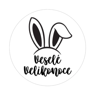 Samolepky - Veselé Velikonoce - čb ouška, kruh 4cm (arch 20ks)