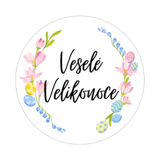 Samolepky - Veselé Velikonoce - věnec s vajíčky, kruh 4cm (arch 20ks)