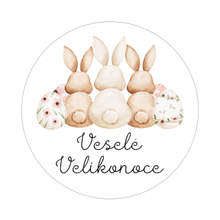 Samolepky - Veselé Velikonoce - tři zajíčci, kruh 4cm (arch 20ks)