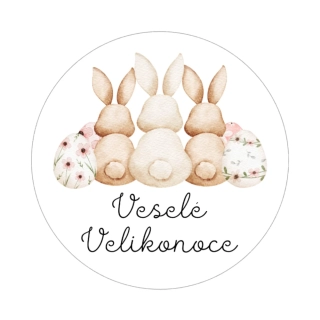 Samolepky - Veselé Velikonoce - tři zajíčci, kruh 4cm (arch 20ks)