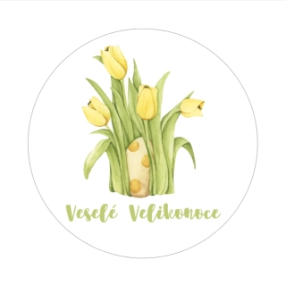 Samolepky - Veselé Velikonoce - žluté tulipány, kruh 4cm (arch 20ks)
